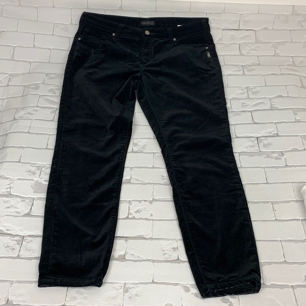 Silver Jeans Black soft Velour straight leg pants Aiko Skinny Sz 34 Plus Pockets